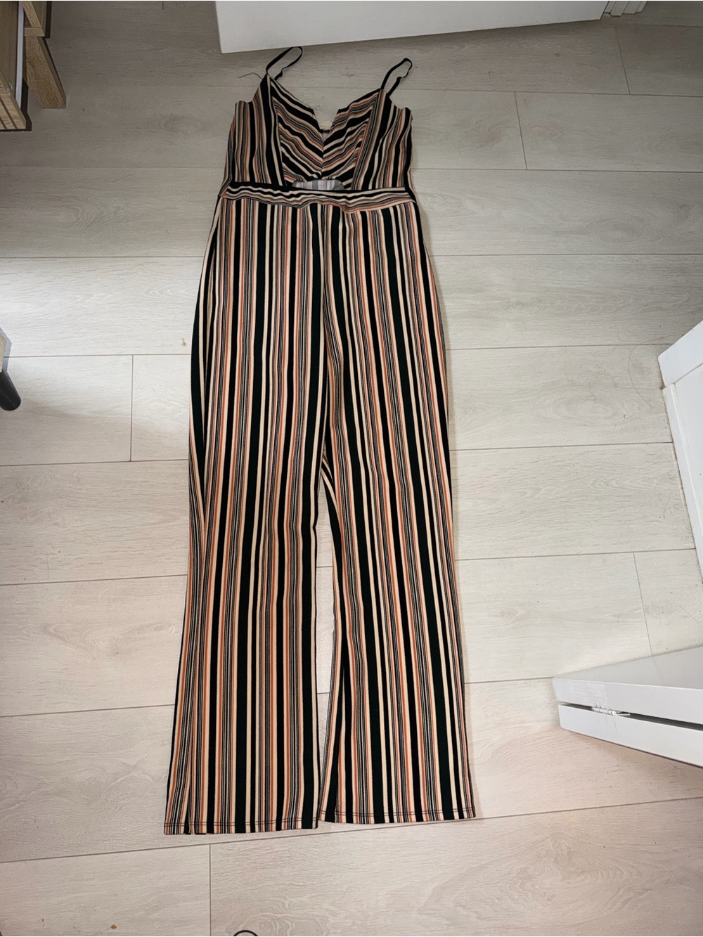 Striped V-Neck Wide-Leg Jumpsuit - Black & Tan